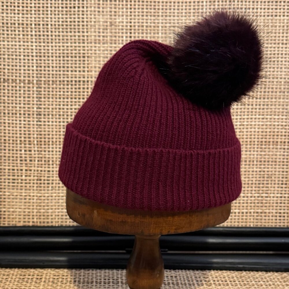 Hobbs London Burgundy Beanie with faux fur pompom